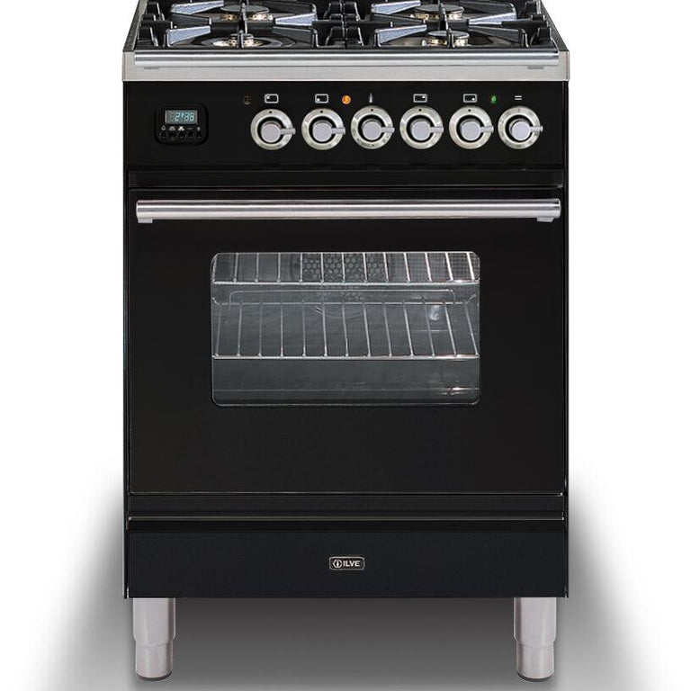 ILVE Professional Plus 24" Natural Gas Range in Glossy Black with Chrome Trim, UPW60DVGGNNG