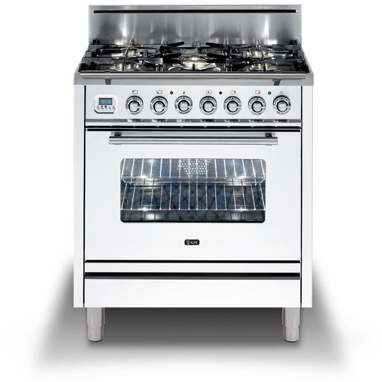 ILVE Professional Plus 30" Natural Gas Range in White with Chrome Trim, UPW76DVGGBNG