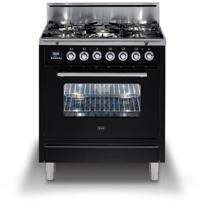 ILVE Professional Plus 30" Natural Gas Range in Glossy Black with Chrome Trim, UPW76DVGGNNG