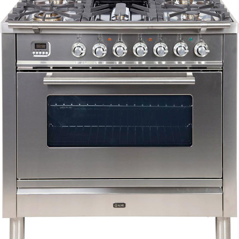 ILVE Professional Plus 36" Propane Gas Burner, Electric Oven Range in Blue Grey with Chrome Trim, UPW90FDMPGULP