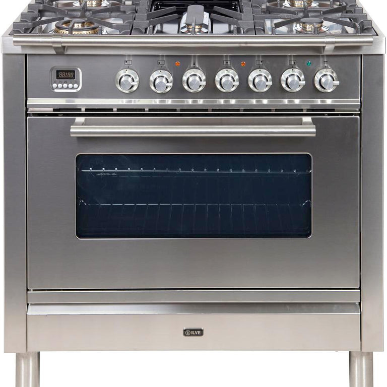 ILVE Professional Plus 36" Natural Gas Burner, Electric Oven Range in Glossy Black with Chrome Trim, UPW90FDMPNNG