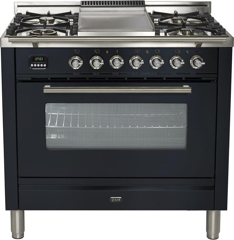 ILVE 36 in. Professional Plus Series Single Oven Propane Gas Burner and Electric Oven Range in Matte Graphite with Chrome Trim, UPW90FDMPMLP