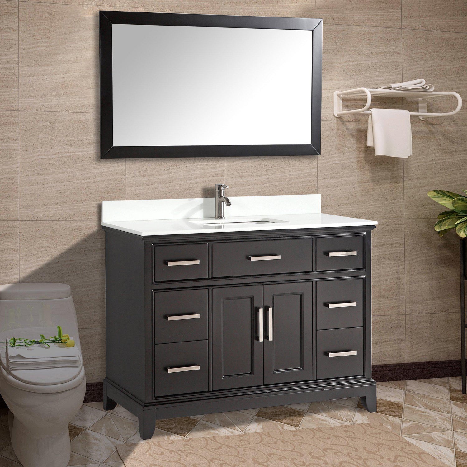 Vanity Art Vanity Set With White Stone Top, Espresso, Standard Mirror, 60"