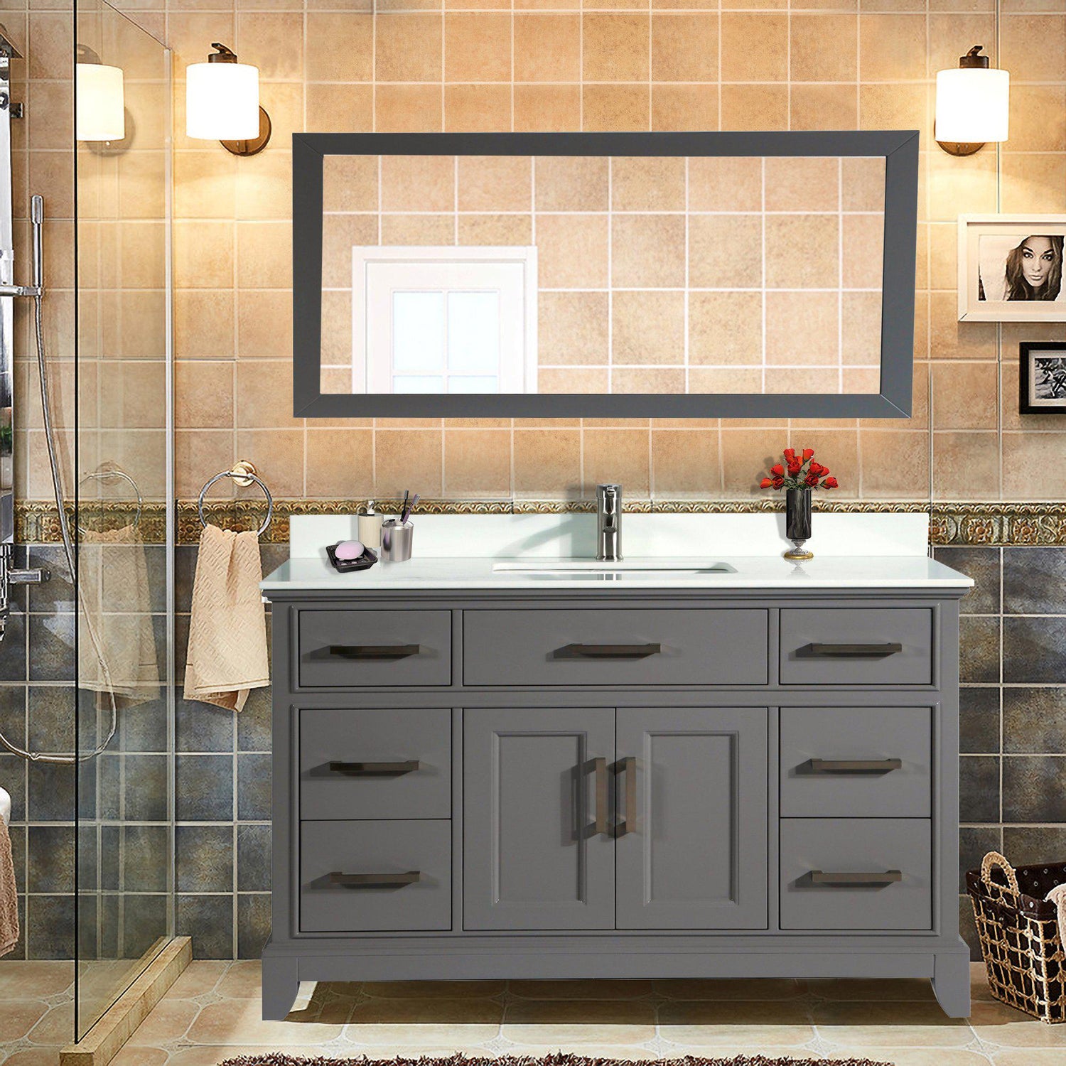 Vanity Art Vanity Set With White Stone Top, Gray, Standard Mirror, 60"