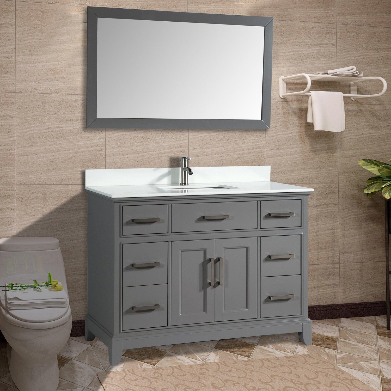 Vanity Art Vanity Set With White Stone Top, Gray, Standard Mirror, 60"