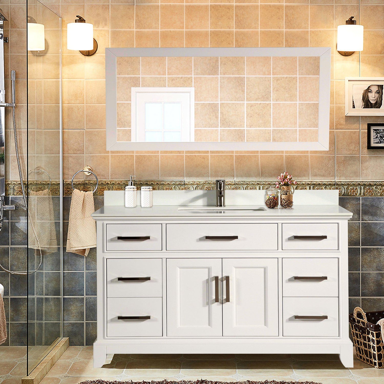 Vanity Art Vanity Set With White Stone Top, White, Standard Mirror, 60"