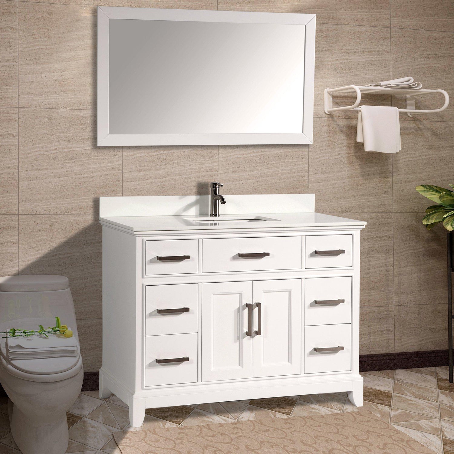 Vanity Art Vanity Set With White Stone Top, White, Standard Mirror, 60"