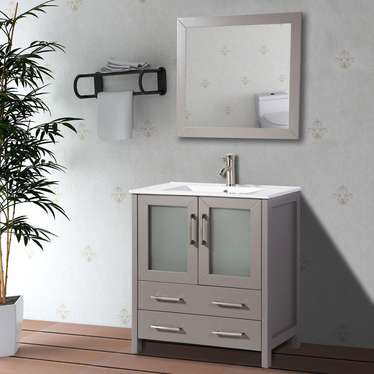 Vanity Art 30 in. Single Sink Vanity Cabinet with Ceramic Sink & Mirror - White, VA3030W