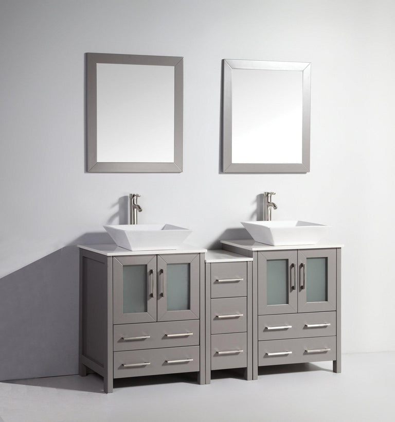 Vanity Art 60 in. Double Sink Vanity Cabinet with Ceramic Vessel Sink & Mirror - Grey, VA3124-60G