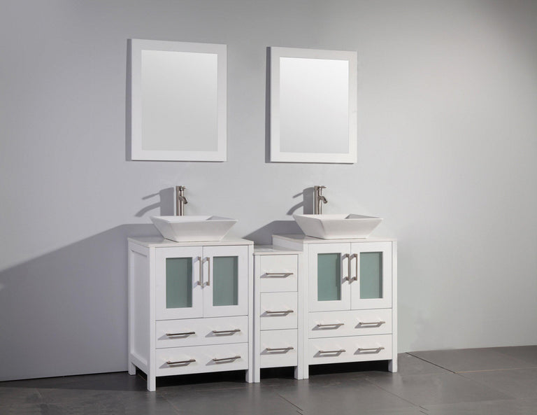 Vanity Art 60 in. Double Sink Vanity Cabinet with Ceramic Vessel Sink & Mirror - White, VA3124-60W