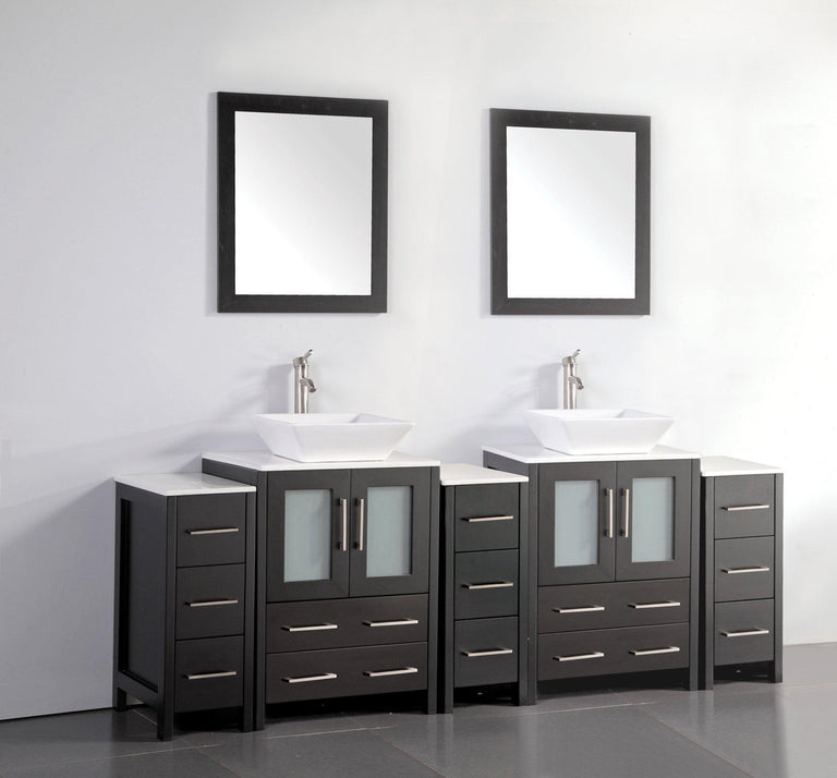 Ravenna 84 in. W x 18.5 in. D x 36 in. H Bathroom Vanity in Espresso with Double Basin Top in White Ceramic and Mirrors