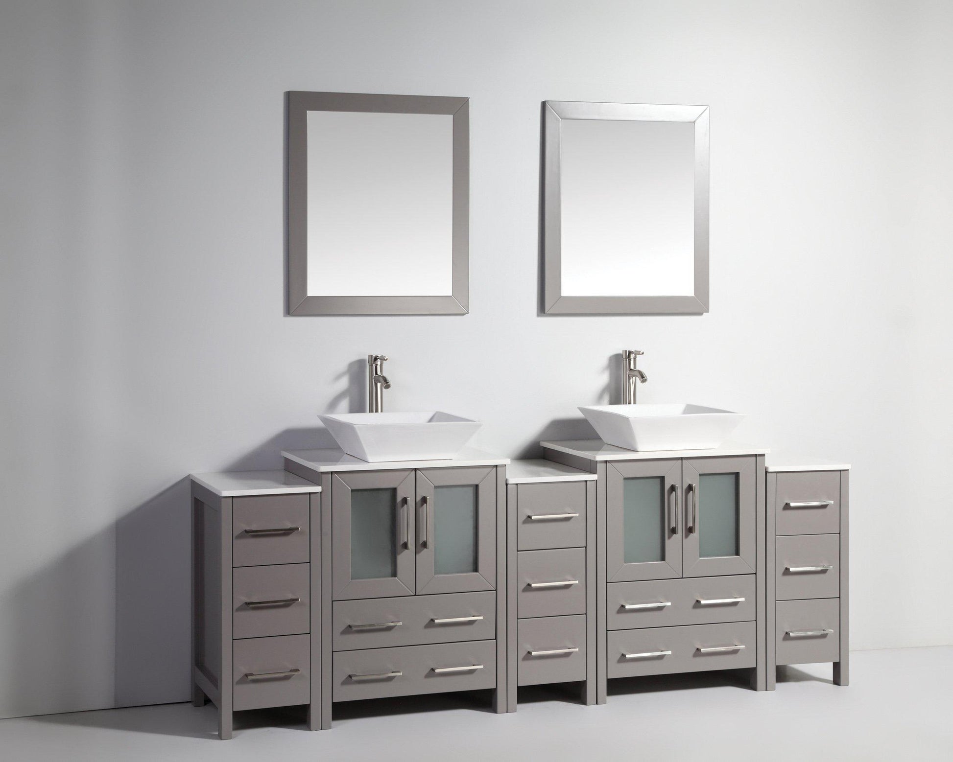 Ravenna 84 in. W x 18.5 in. D x 36 in. H Bathroom Vanity in Grey with Double Basin Top in White Ceramic and Mirrors