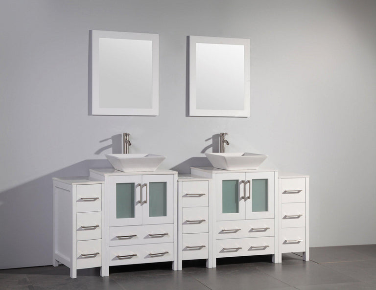 Ravenna 84 in. W x 18.5 in. D x 36 in. H Bathroom Vanity in White with Double Basin Top in White Ceramic and Mirrors