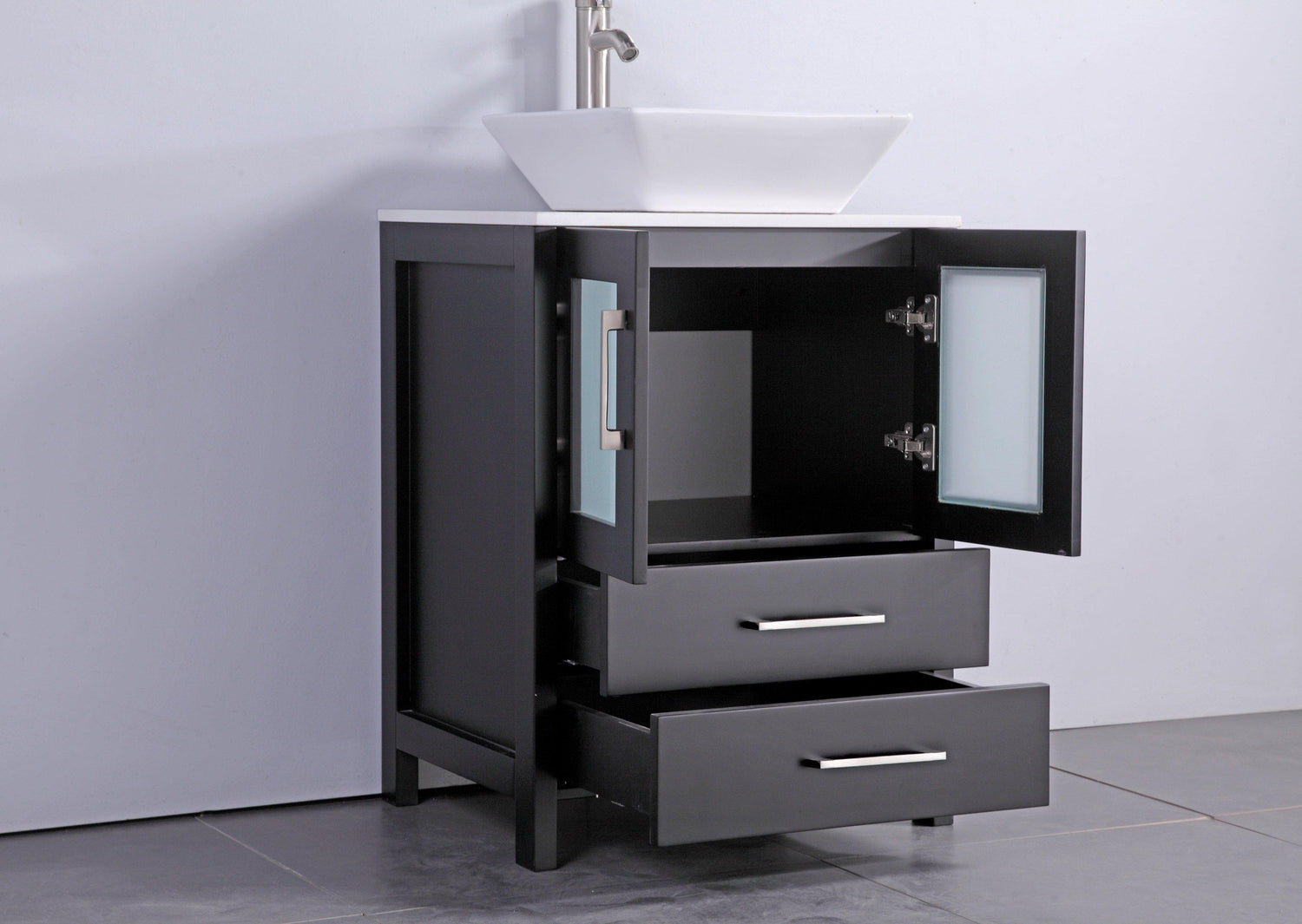 Ravenna 24 in. W x 18.5 in. D x 36 in. H Bathroom Vanity in Espresso with Single Basin Top in White Ceramic and Mirror