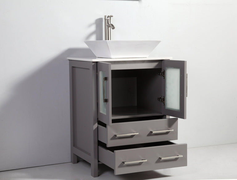 Ravenna 24 in. W x 18.5 in. D x 36 in. H Bathroom Vanity in Grey with Single Basin Top in White Ceramic and Mirror