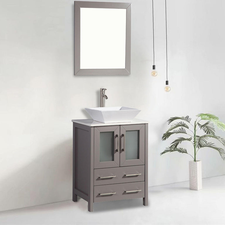 Vanity Art 24 in. Single Sink Vanity Cabinet with Ceramic Vessel Sink & Mirror - Grey, VA3124G