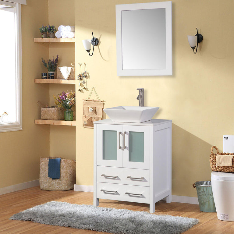 Vanity Art 24 in. Single Sink Vanity Cabinet with Ceramic Vessel Sink & Mirror - White, VA3124W