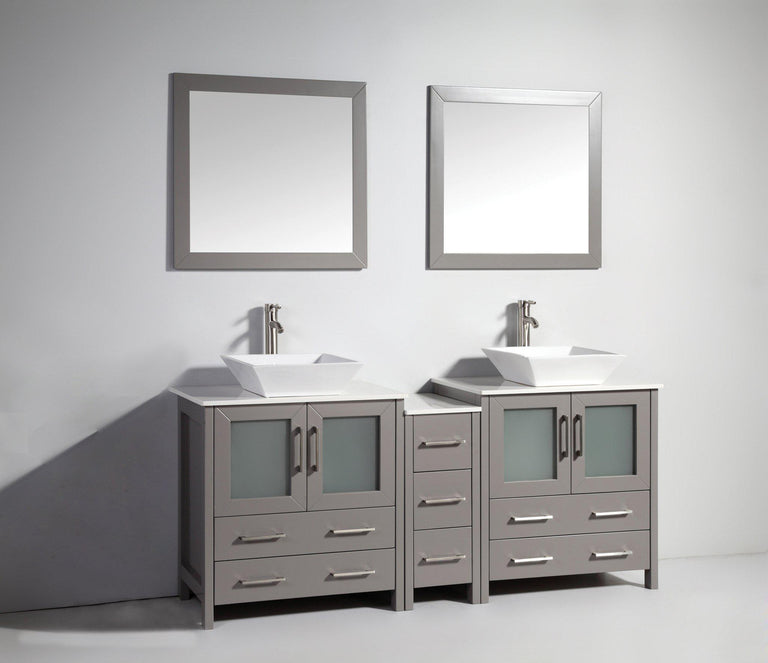 Vanity Art 72 in. Double Sink Vanity Cabinet with Ceramic Vessel Sink & Mirror (Single Cabinet) - Grey, VA3130-72G