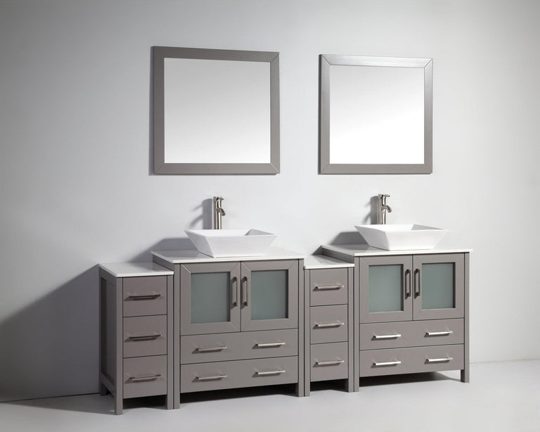 Vanity Art 84 in. Double Sink Vanity Cabinet with Ceramic Vessel Sink & Mirror (Double Cabinet) - Grey, VA3130-84G