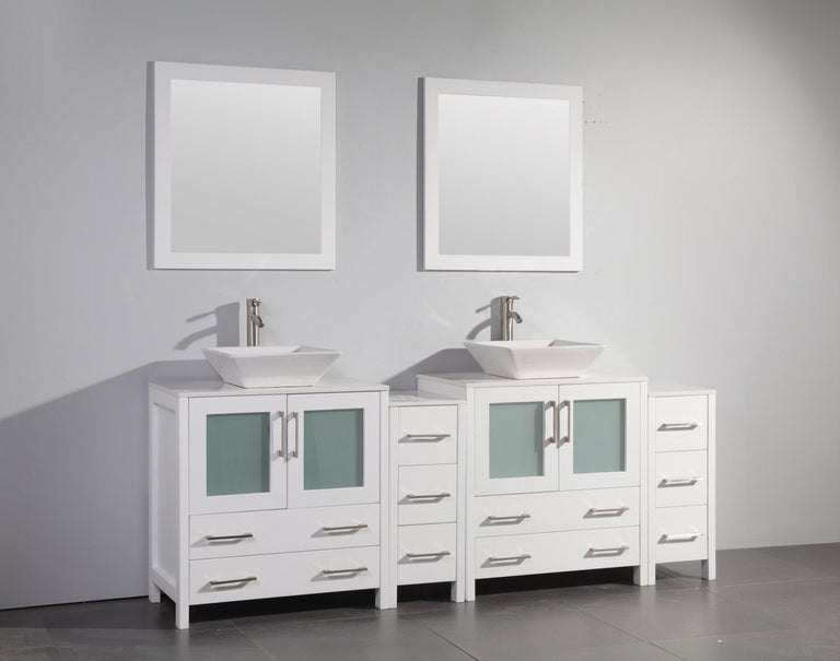 84" Double Sink Vanity Cabinet with Ceramic Vessel Sink & Mirror (Double Cabinet) - White