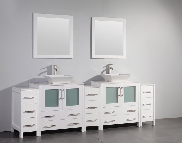 Vanity Art 96 in. Double Sink Vanity Cabinet with Ceramic Vessel Sink & Mirror - White, VA3130-96W