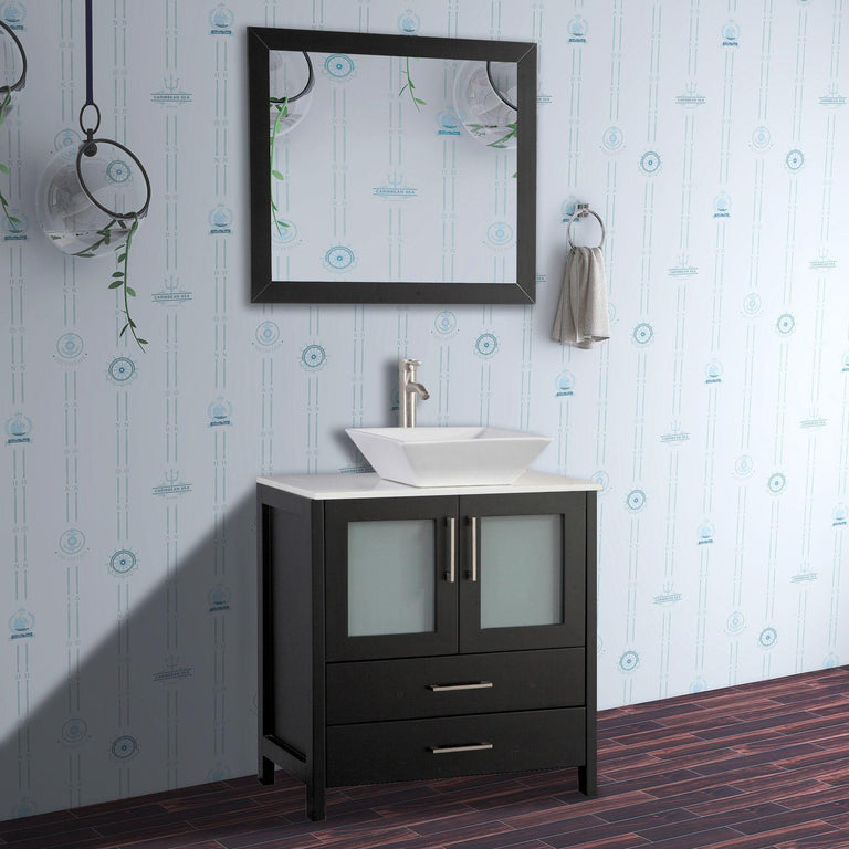 Vanity Art 30 in. Single Sink Vanity Cabinet with Ceramic Vessel Sink & Mirror - Espresso, VA3130E