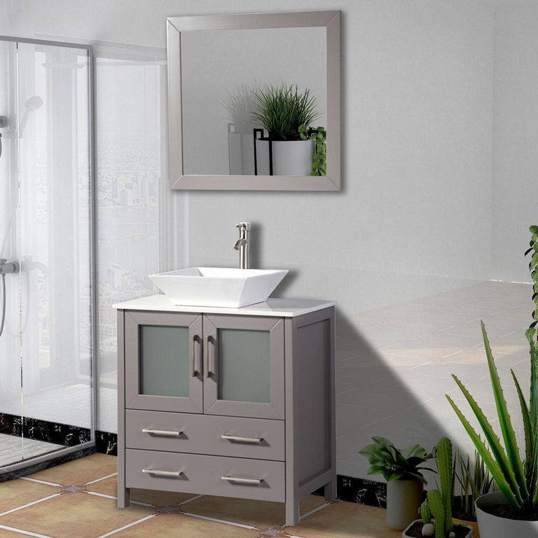 Vanity Art 30 in. Single Sink Vanity Cabinet with Ceramic Vessel Sink & Mirror - Grey, VA3130G