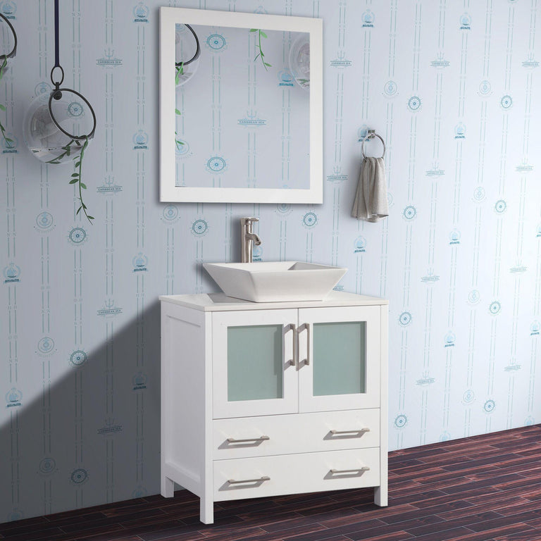 Vanity Art 30 in. Single Sink Vanity Cabinet with Ceramic Vessel Sink & Mirror - White, VA3130W