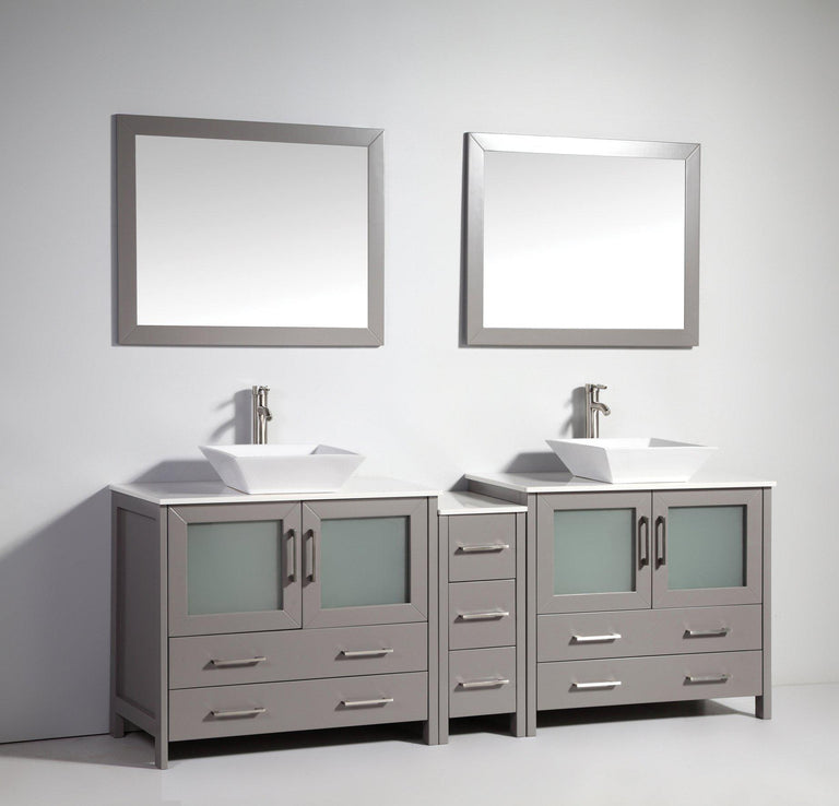 Vanity Art 84 in. Double Sink Vanity Cabinet (Wide) with Ceramic Vessel Sink & Mirror - Grey, VA3136-84G