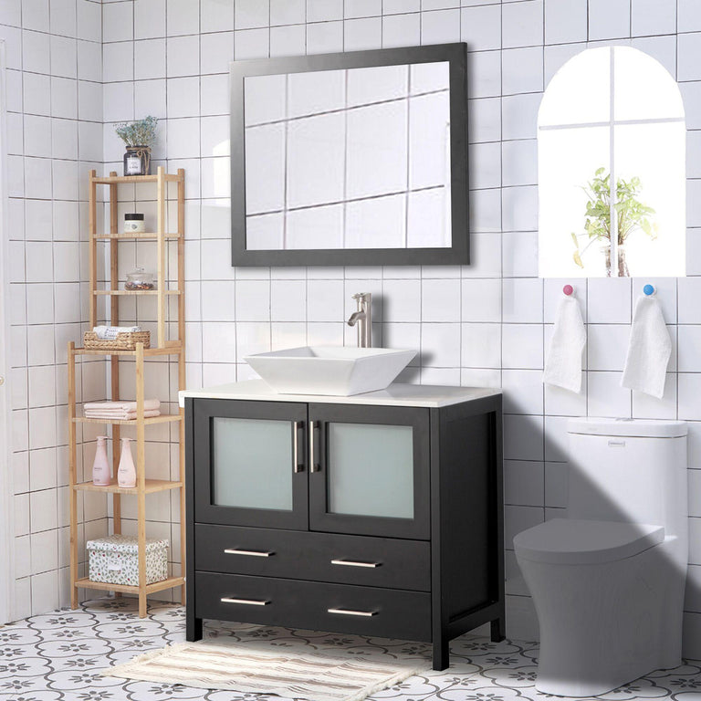 Vanity Art 36 in. Single Sink Vanity Cabinet (Wide) with Ceramic Vessel Sink & Mirror - Espresso, VA3136E