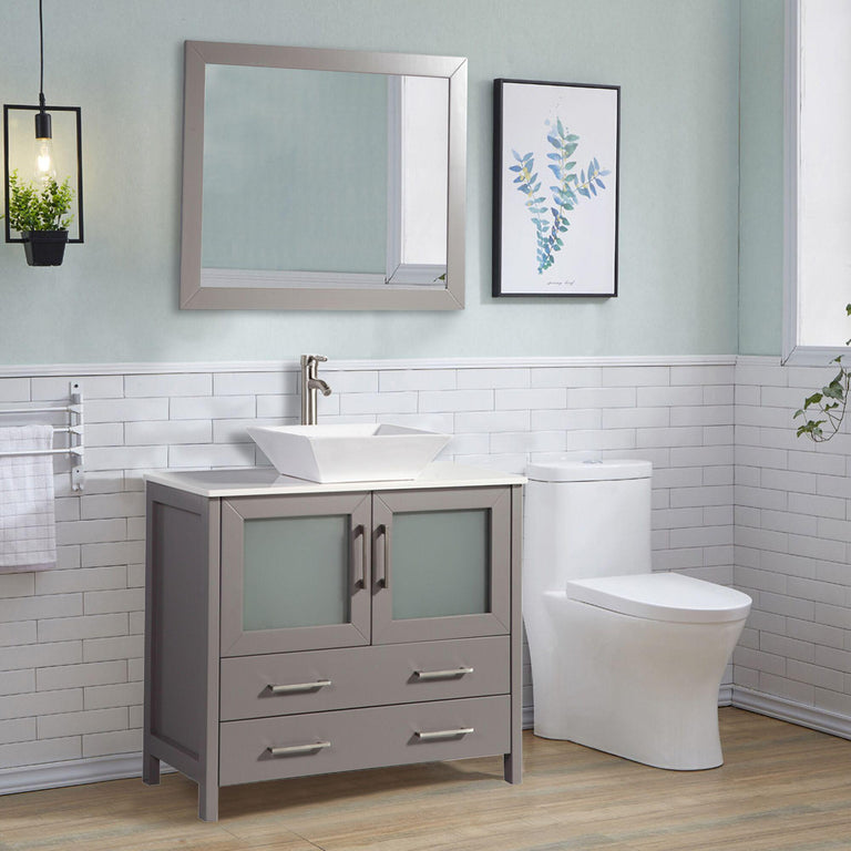 Vanity Art 36 in. Single Sink Vanity Cabinet (Wide) with Ceramic Vessel Sink & Mirror - Grey, VA3136G