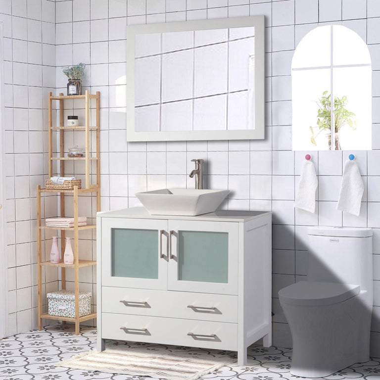 Vanity Art 36 in. Single Sink Vanity Cabinet (Wide) with Ceramic Vessel Sink & Mirror - White, VA3136W