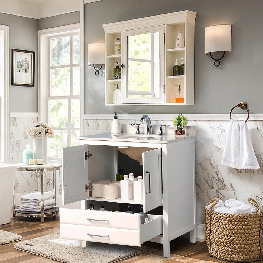 Rochefort 30 in. W x 22 in. D x 35 in. H Bath Vanity in White with Vanity Top in White Cultured Marble with White Basin