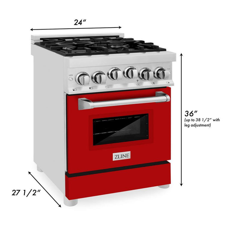 ZLINE 24 In. Professional Gas On Gas Range In Stainless Steel With Red Matte Door, RG-RM-24
