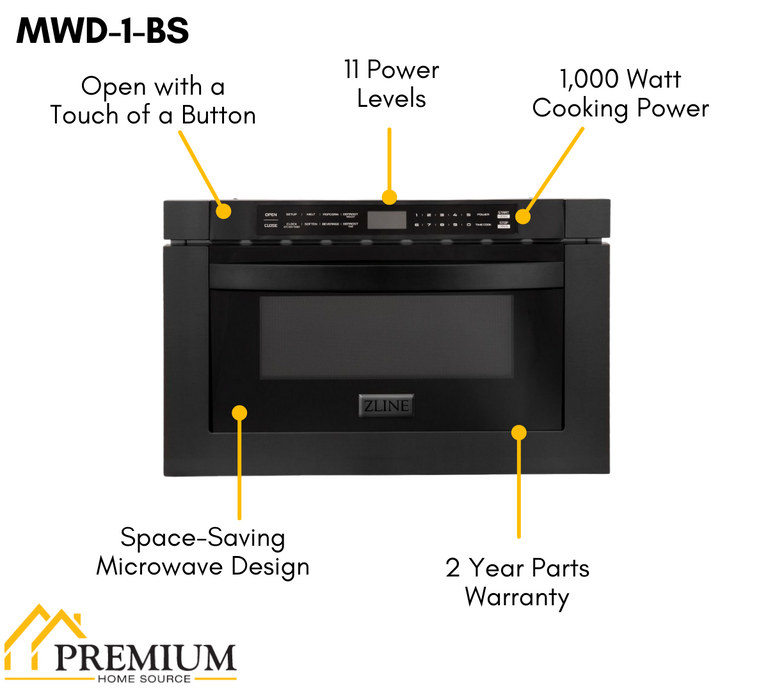 ZLINE 36 in. Kitchen Appliance Package with Black Stainless Steel Gas Range, Range Hood, Microwave Drawer and Dishwasher, 4KP-RGBRH36-MWDW