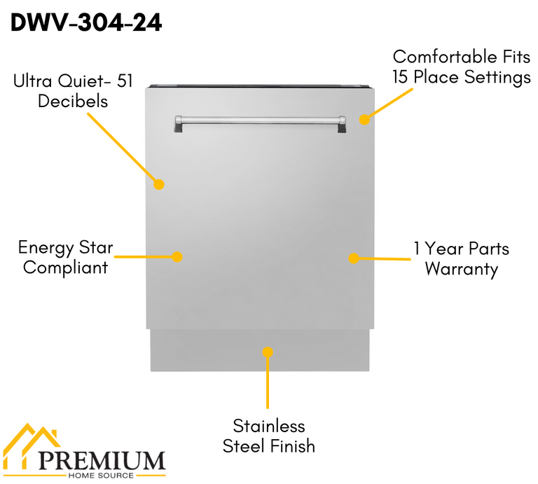 ZLINE 24 in. Top Control Tall Dishwasher in Stainless Steel with 3rd Rack, DWV-304-24