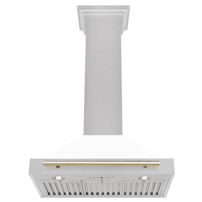 ZLINE 30 In Autograph Edition DuraSnow® Stainless Steel Range Hood with White Matte Shell and Gold Handle, KB4SNZ-WM30-G