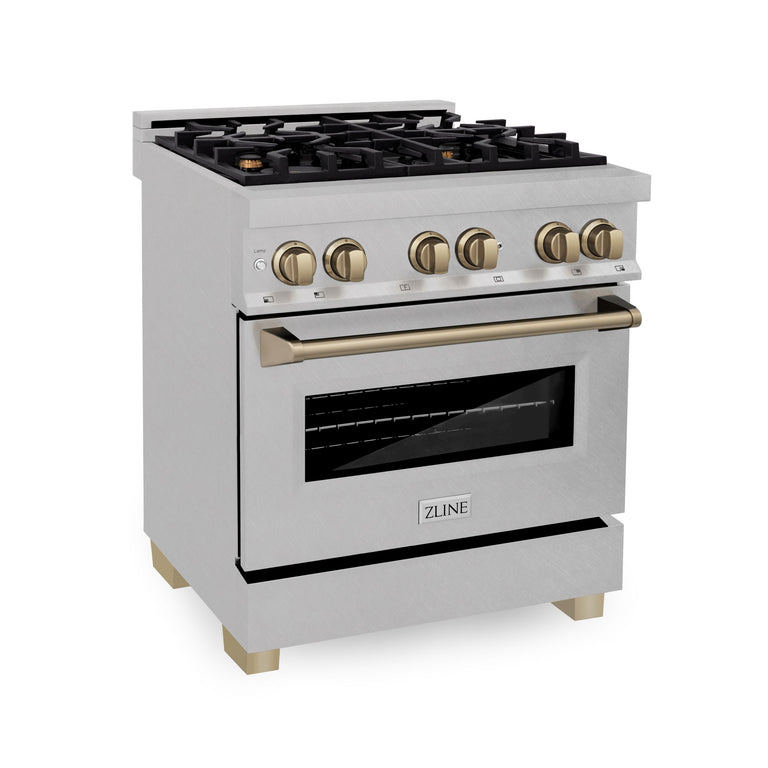 ZLINE Kitchen and Bath 30 Inch Autograph Edition Dual Fuel Range in DuraSnow® Stainless Steel with Champagne Bronze Accents, RASZ-SN-30-CB