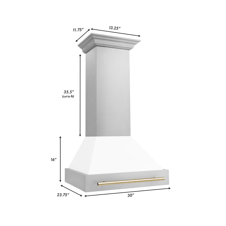 ZLINE Autograph Package - 30 In. Gas Range, Range Hood, Dishwasher in White Matte with Gold Accents, 3AKP-RGWMRHDWM30-G