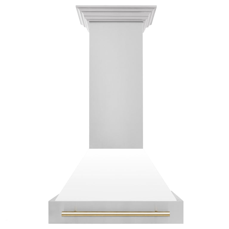 ZLINE 30 Inch Autograph Edition Range Hood with White Matte Shell and Gold Handle, 8654STZ-WM30-G