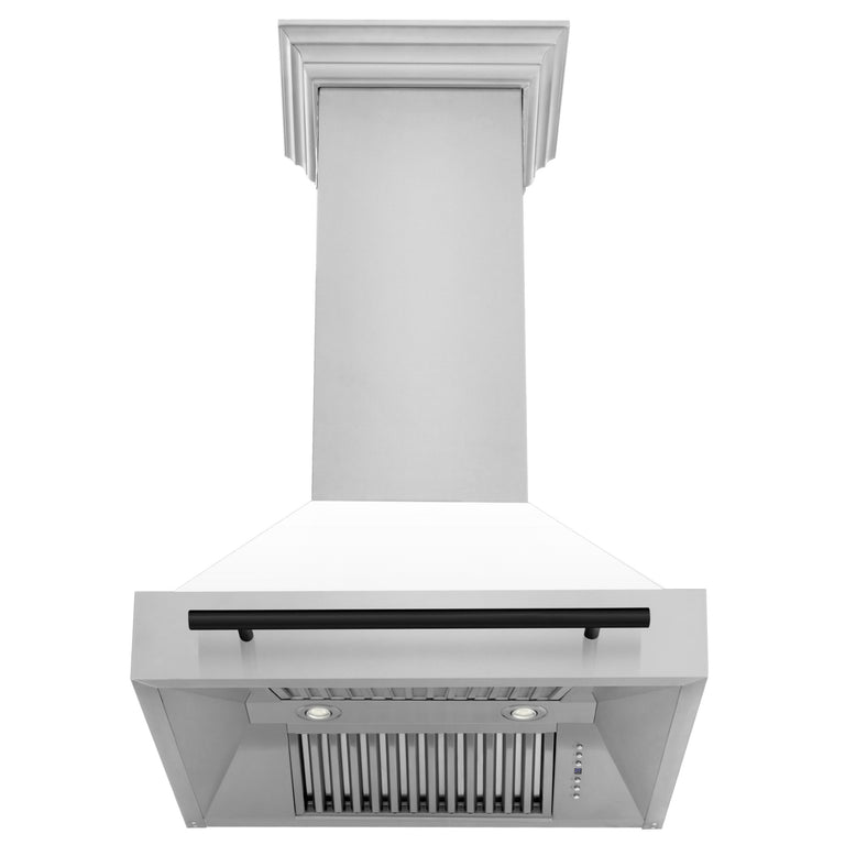 ZLINE Autograph Package - 30 In. Gas Range, Range Hood, Dishwasher in White with Matte Black Accents, 3AKP-RGWMRHDWM30-MB