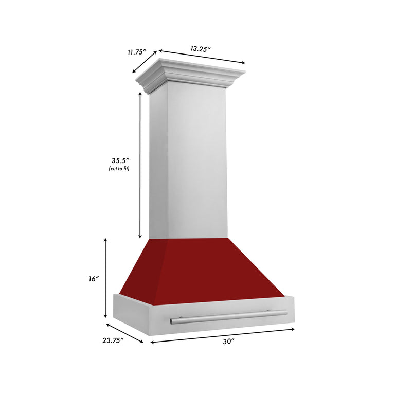 ZLINE 30 Inch  Stainless Steel Range Hood with Red Gloss Shell and Stainless Steel Handle, 8654STX-RG-30