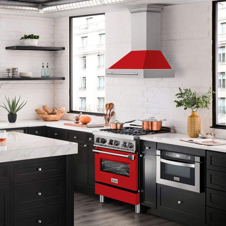 ZLINE 30 Inch Stainless Steel Range Hood with Red Matte Shell and Stainless Steel Handle, 8654STX-RM-30