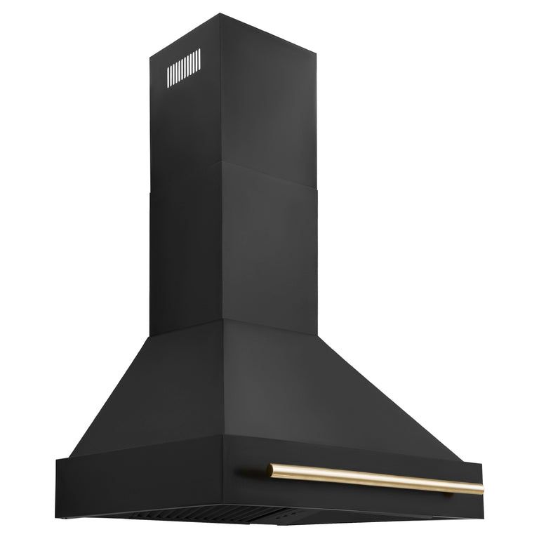 ZLINE Autograph Package - 30 In. Gas Range, Range Hood, Refrigerator with Water and Ice Dispenser, and Dishwasher in Black Stainless Steel with Gold Accents, 4AKPR-RGBRHDWV30-G