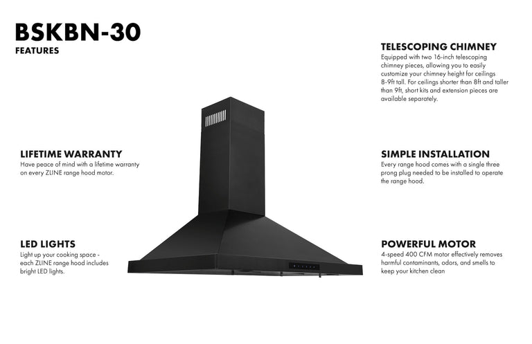 ZLINE Appliance Package - 30 in. Gas Range, Range Hood, and Microwave Oven in Black Stainless Steel, 3KP-RBGRH30-MO