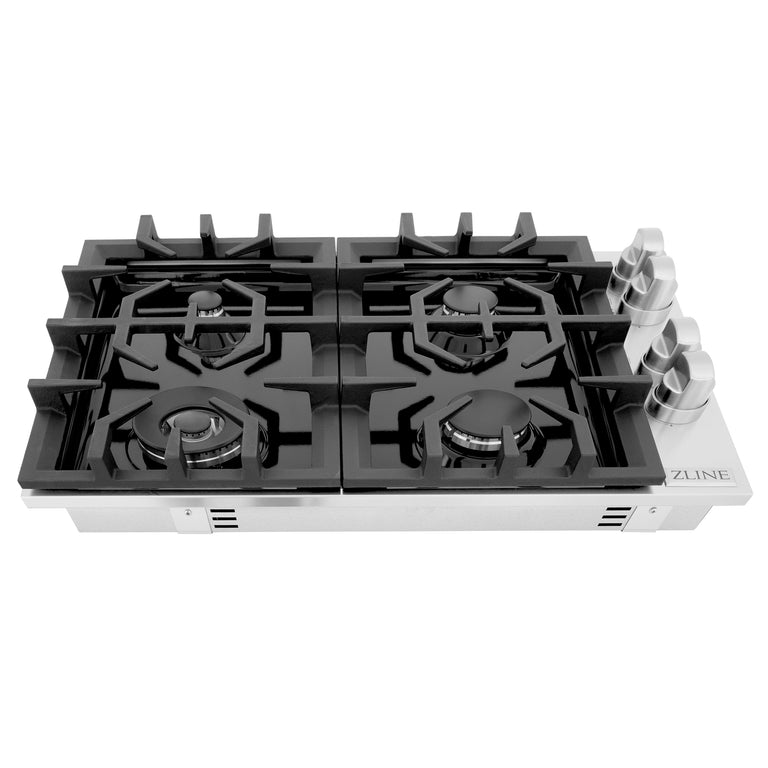 ZLINE 30 in. Dropin Cooktop with 4 Gas Burners and Black Porcelain Top, RC30-PBT