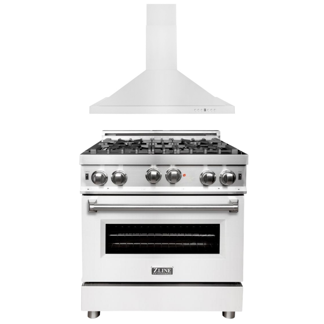 ZLINE 30 in. Gas Range with White Matte Door & 30 in. Range Hood Appli