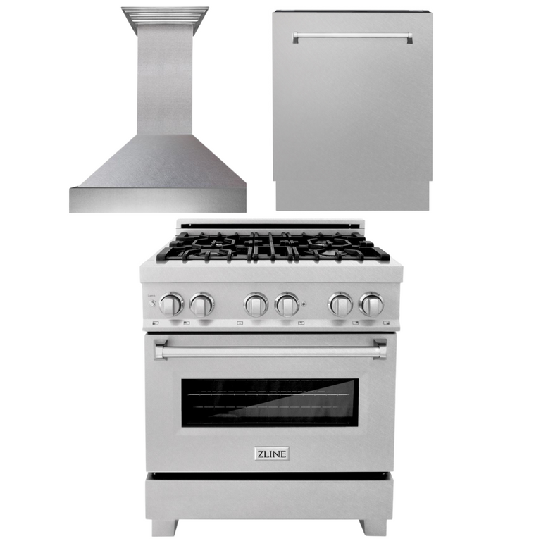 ZLINE 30 in. Kitchen Appliance Package with DuraSnow® Stainless Dual Fuel Range, Ducted Vent Range Hood and Tall Tub Dishwasher, 3KP-RASRH30-DWV
