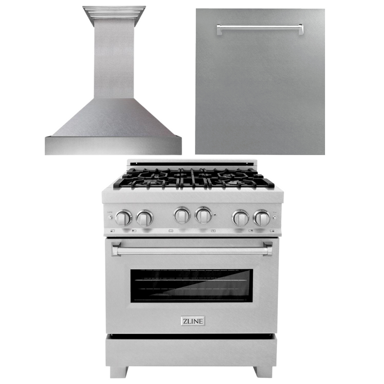 ZLINE 30 in. Kitchen Appliance Package with DuraSnow® Stainless Steel Gas Range, Ducted Range Hood and Dishwasher, 3KP-RGSRH30-DW
