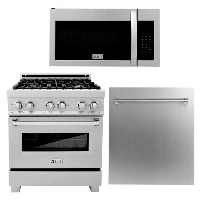 ZLINE 30 in. Kitchen Appliance Package with Stainless Steel Gas Range, Modern Over The Range Microwave and Dishwasher, 3KP-RGOTR30-DW